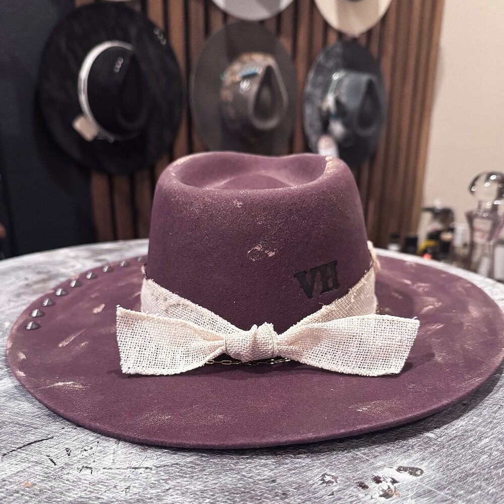 SOLD The Delillah - Dirty Plum Distressed Felt Hat with Grommet Studs - Medium